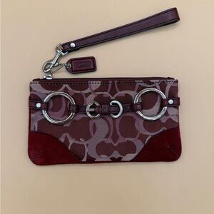 Coach Signature Optic Burgundy Jacquard and Suede Wristlet with Hang Tag